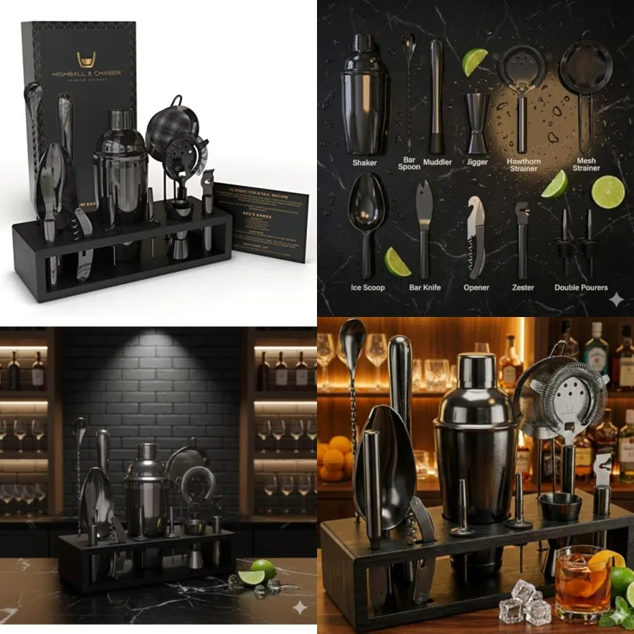 13-Piece Cobbler Cocktail Shaker Set: Black Polished Stainless Steel Bartender Kit for Home Bar Set Laser Engraved Tools Plus E