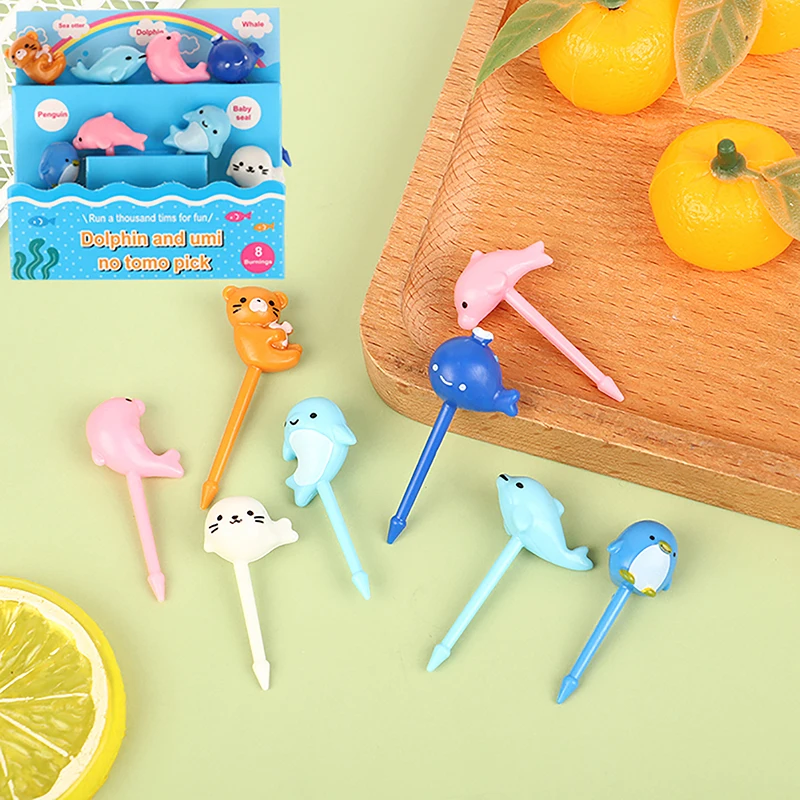 8pcs/set Cute Dolphin Fruit Fork Kids Snack Dessert Decoration Forks Toothpick Lunch Salad Decoration Cake Picks