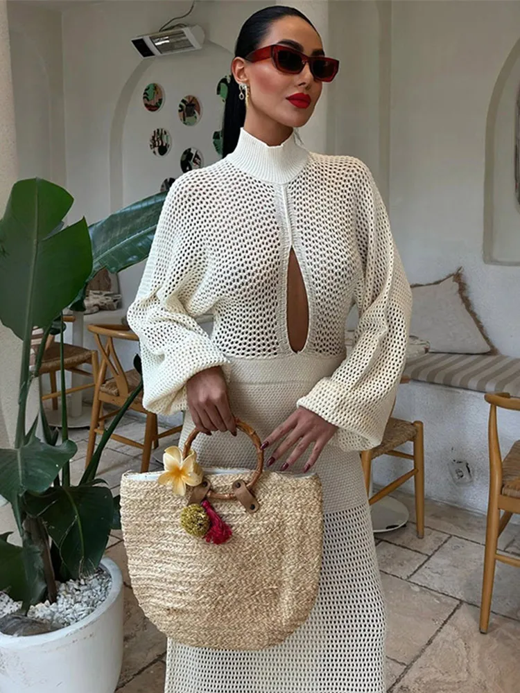Women sexy Hollow Knitted  Cut Out Bell Long Dress Fashion Full Sleeve High Waist Patchwork Dresses Lady Chic Beach Robes
