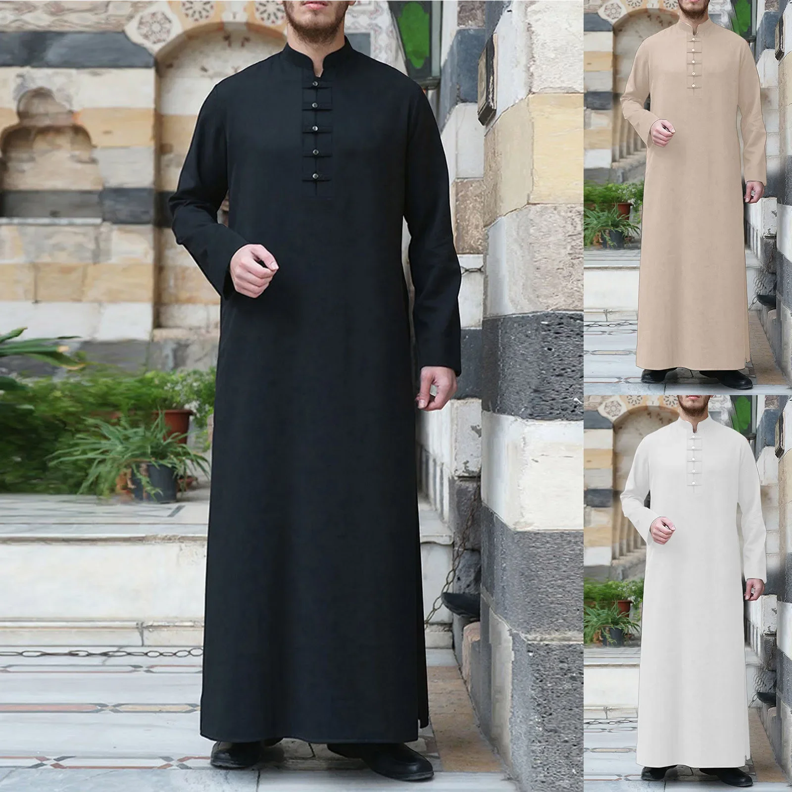 Men's Solid Colour Muslim Robe Simple Fashion Standing Collar Button Islamic Robe Large Size Long Sleeve Arabian Muslim Robe