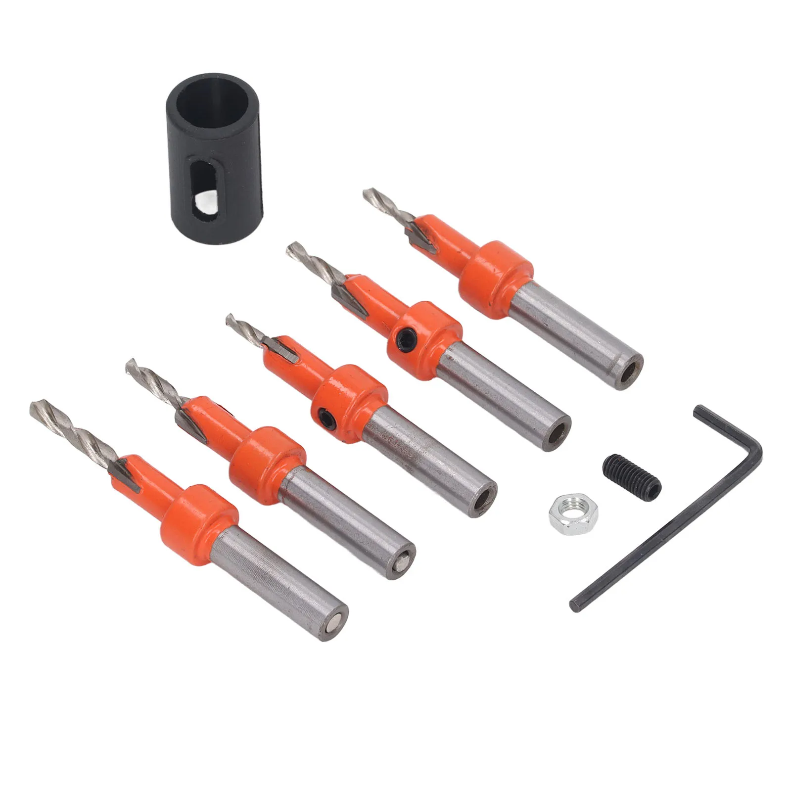 conjunto-de-5-brocas-escareadoras-para-madeira-com-haste-redonda-chave-hexagonal-e-limitador-de-profundidade