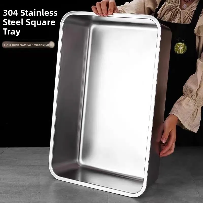 

304 Stainl Steel Flat Bot Square Basin Tray Commercial Restaurant Roast Fi BBQ Pork Belly Food Serving Tray