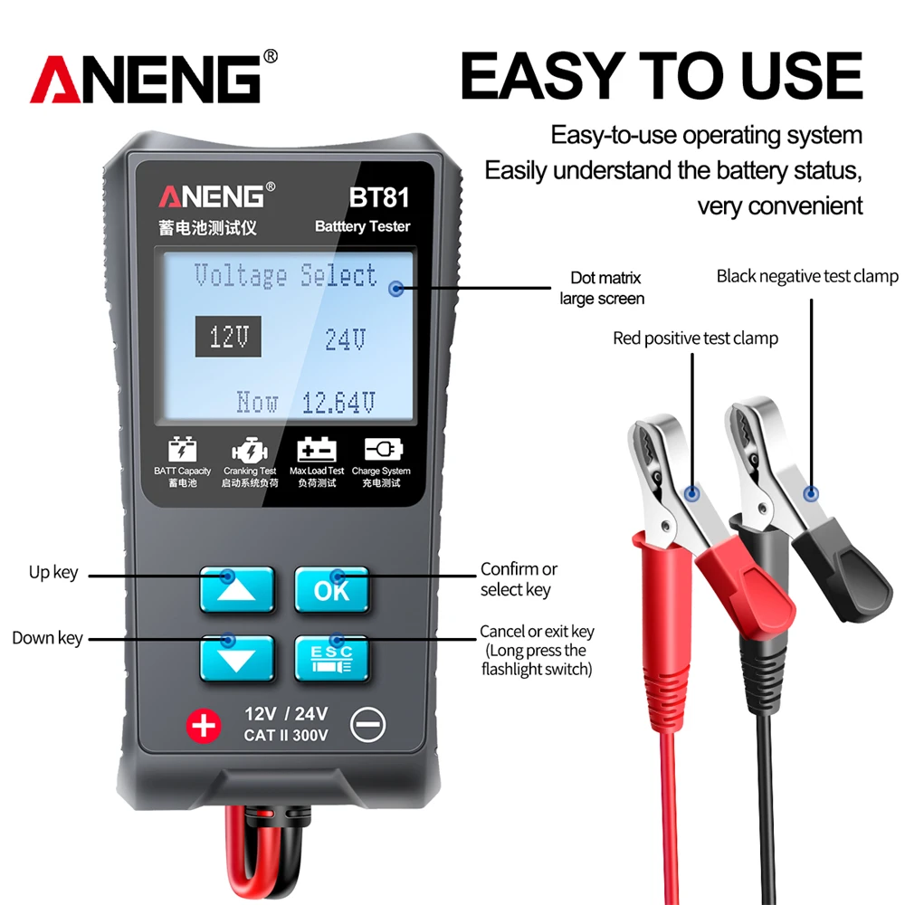 ANENG BT81 Car Battery Tester 12V/24V 100 to 1700CCA Cranking Charging Circut Tester Battery Analyzer 12/24 Volts Battery Tools