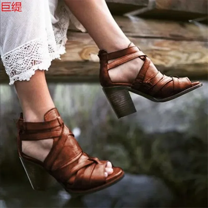 women sandals PU Buckle Strap 5CM Thick heel High heels Peep Toe Cutout Shallow women shoes sandalias mujer 2020 size 35-42