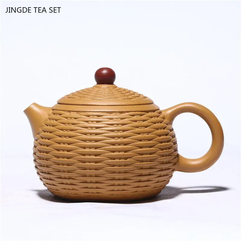 

1PCS 260ML Yixing purple clay teapot, hand carved raw ore gold section mud bamboo weaving Xishi teapot zisha tea set