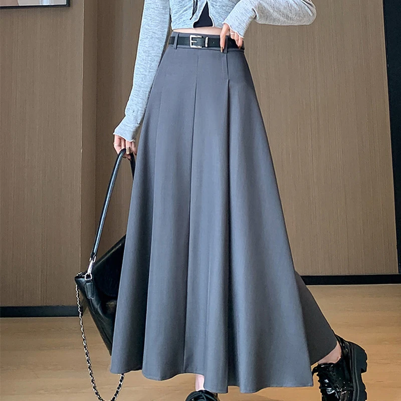 Temperament High Waist Suit Skirts for Women Spring Autumn Solid Color Pleated Skirts Woman Casual A-Line Midi Skirts Lady
