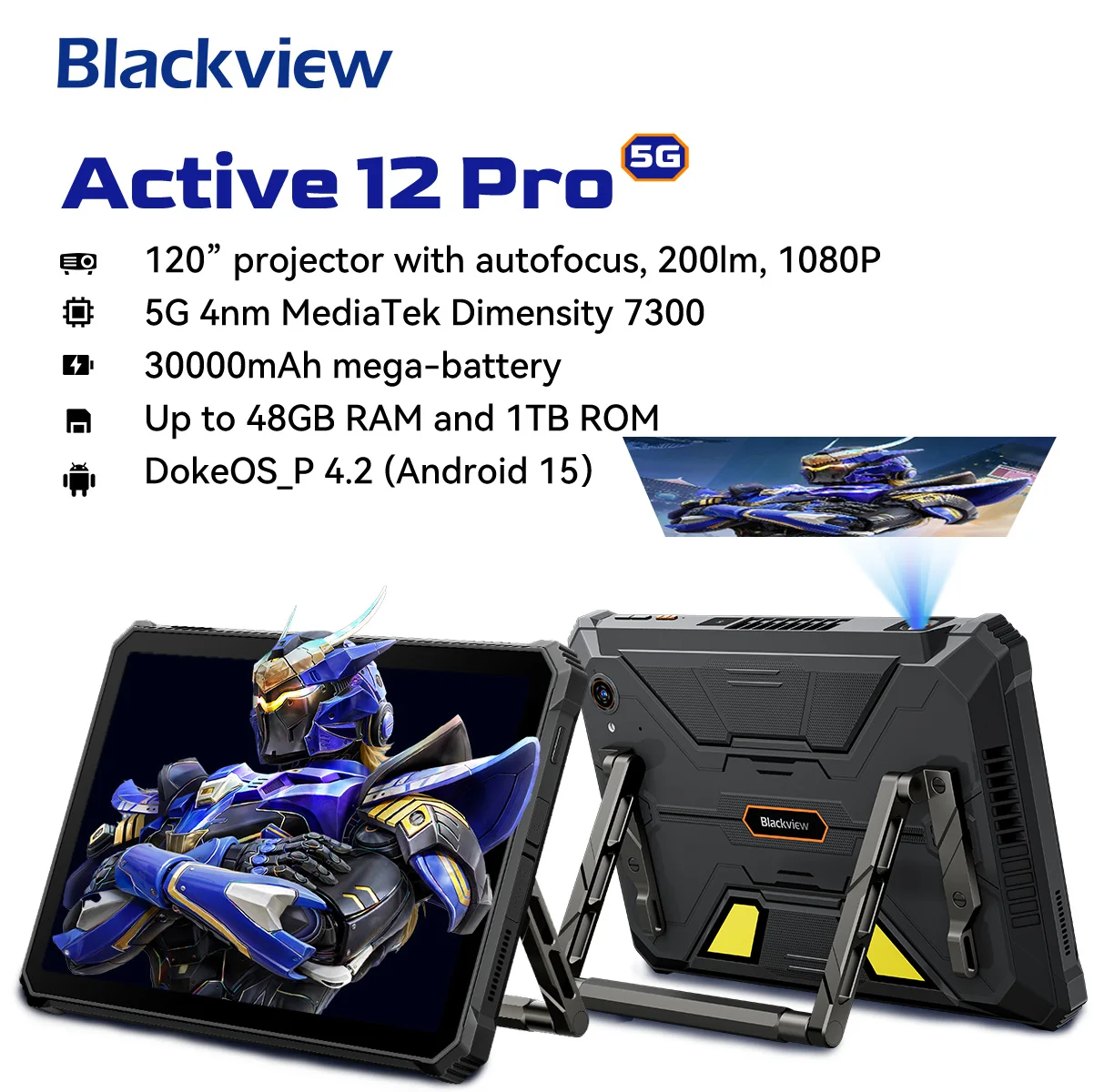 World Premiere Blackview Active 12 Pro Rugged Projector Tablet 11'' Pad Android 15 16GB 1TB 33000mAh Dimensity 7300 Tablet Phone