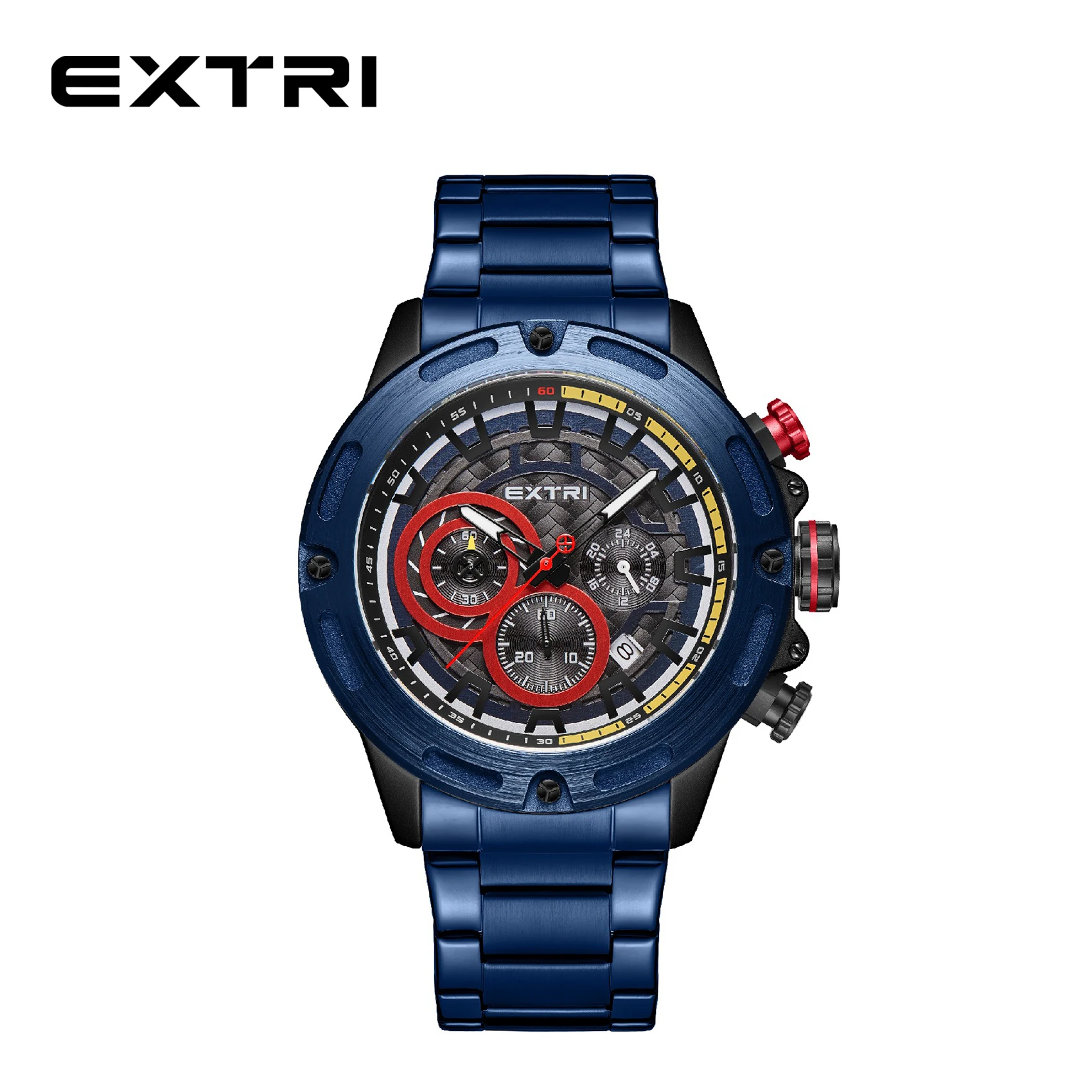 

Extri Trendy Unique Blue Men Male Business High Quality Wrist Watches Stainless Steel Chronograph Watches