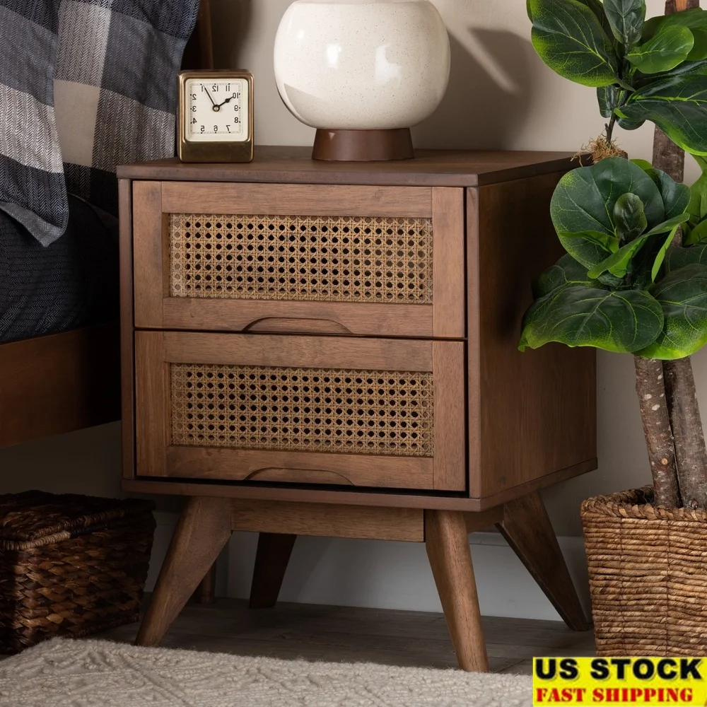 

Walnut Brown Nightstand with 2 Drawers Synthetic Rattan Faces Angled Legs Modern Bedroom Storage Furniture Assembly Required
