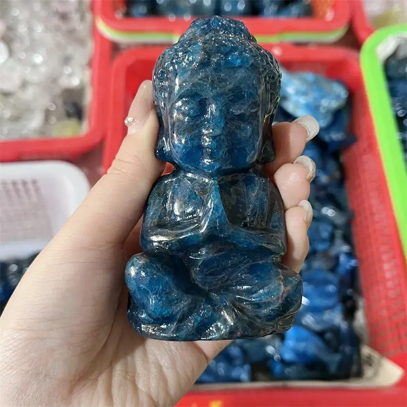 

Natural Blue Apatite Buddha Statue Carving Statue Ornament Reiki Stone Crafts Home Decoration Gifts 1PCS