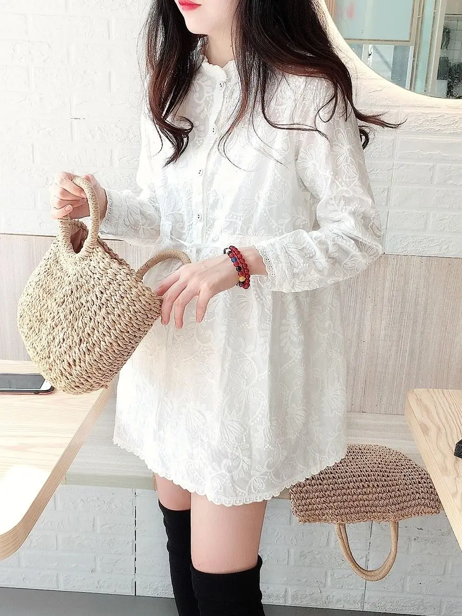 Doll Shirt Top Korean Version Medium Long Sweet Western-style Palace Style Embroidered Waist Cinching White Shirt Women\'s Skirt