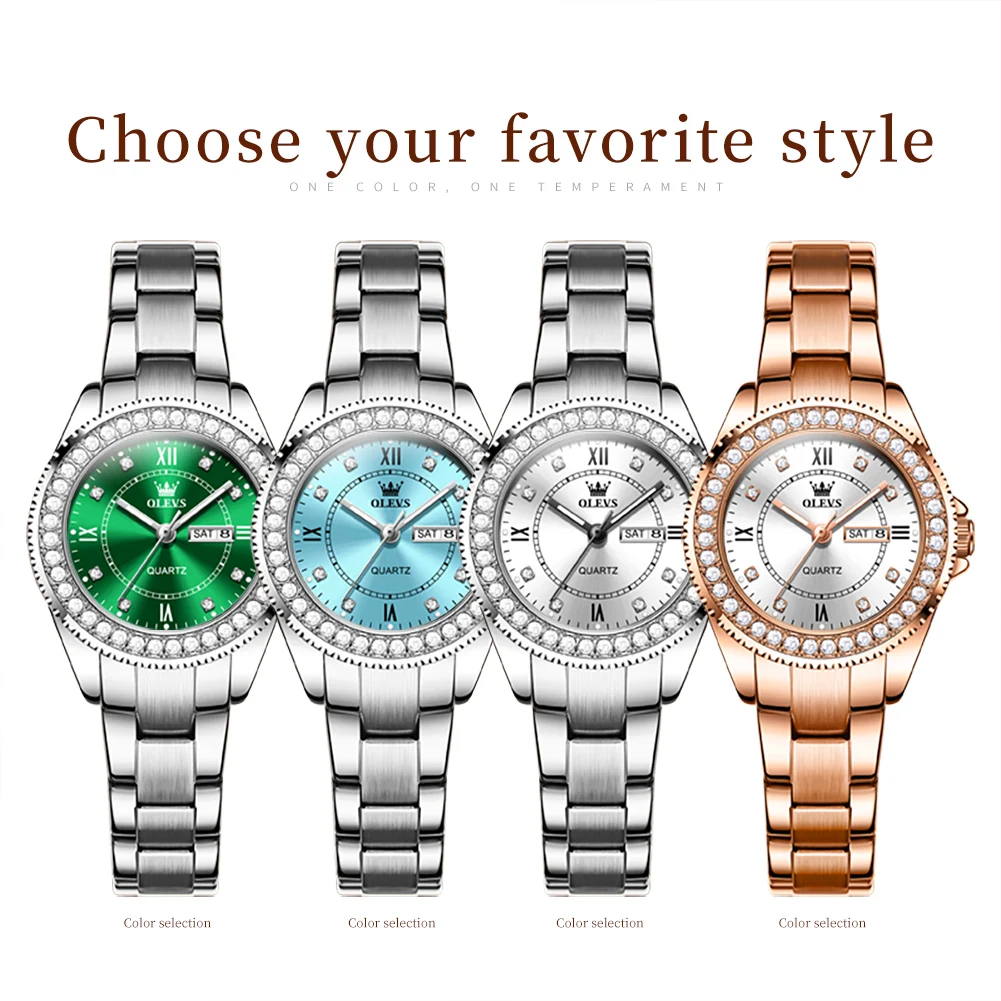 OLEVS Bracelet Gift Box Set Women\'s Watches Waterproof Week Calendar Quartz Watch for Lady Original Elegant Roman Diamond Scale