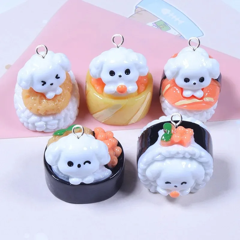 5 Stück Niedliche 3D-Tier-Hunde-Sushi-Anhänger für Schmuckherstellung, Liebliche Anhänger für DIY-Ohrringe und Halsketten