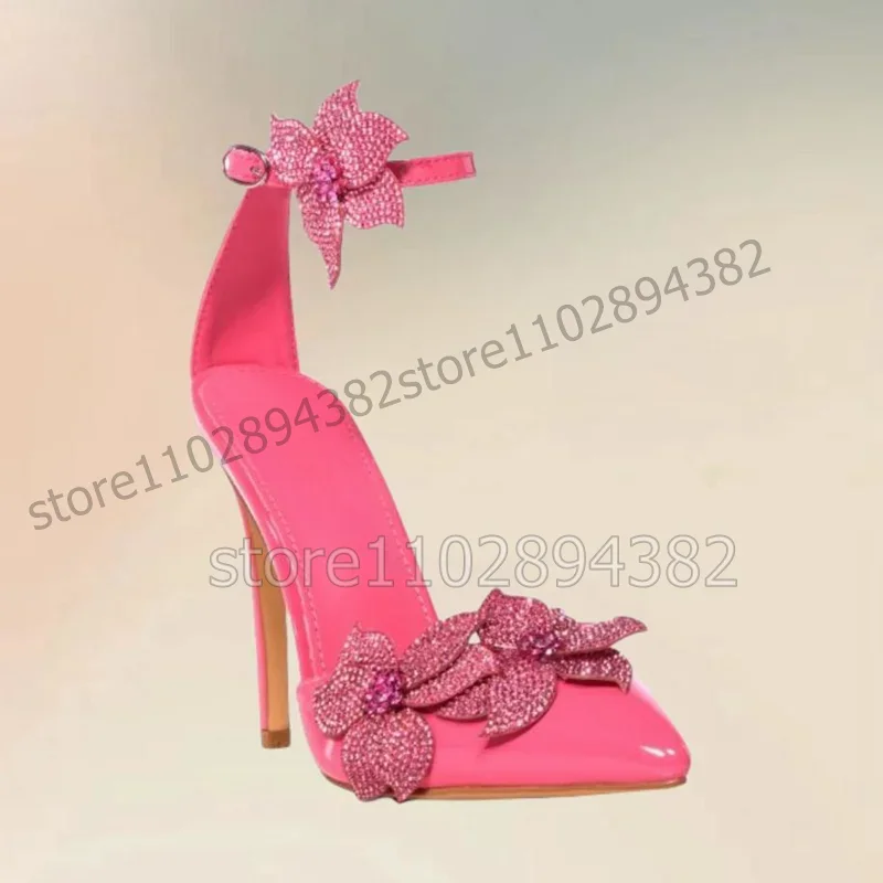 

Rose Red Crystal Flower Decor Pointed Toe Pumps Ankle Buckle Strap Women Shoes Thin High Heels Fashion 2023 Zapatos Para Mujere