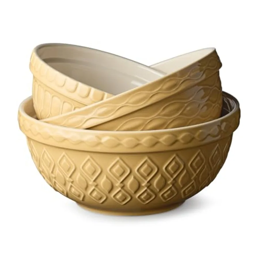 

Vintage Farm Stoneware Mixing Bowl Set 3-Piece Includes 2 Qt 3 Qt and 4.25 Qt Bowls Embossed Patterns in Golden-Honey Finish Du