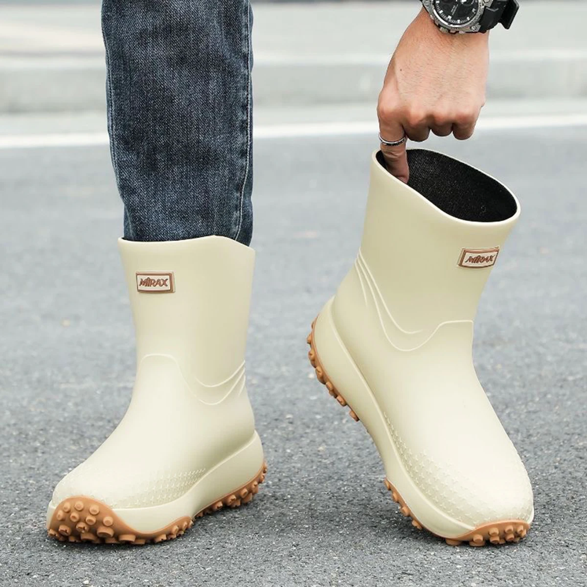 Herren-Arbeitsstiefel im Workwear-Stil, Rutschfeste Wasserdichte Gummistiefel, Hochwertige Flachsohlen für Outdoor-Arbeit, Pendeln, Angeln, Küche, Garten – Detail 1