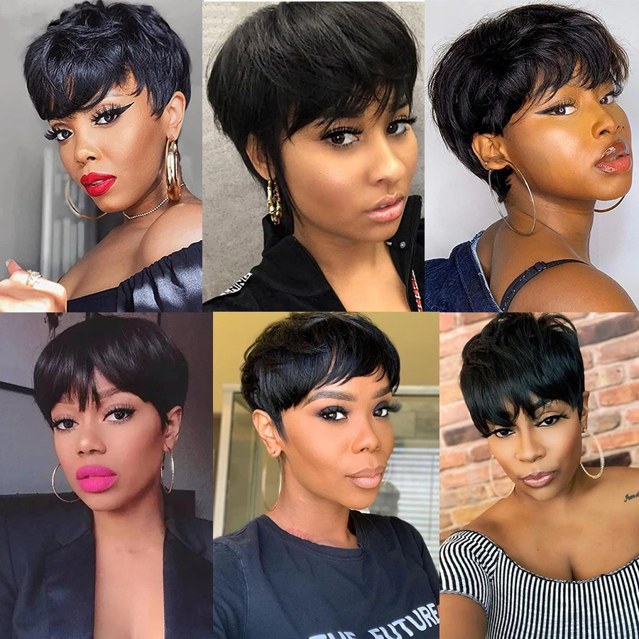 Straight Pixie Cut Wigs Human Hair Braizilian Burgundy Straight Human Hair Wigs Machine Made Cheap Short Bob Wig Human Hair