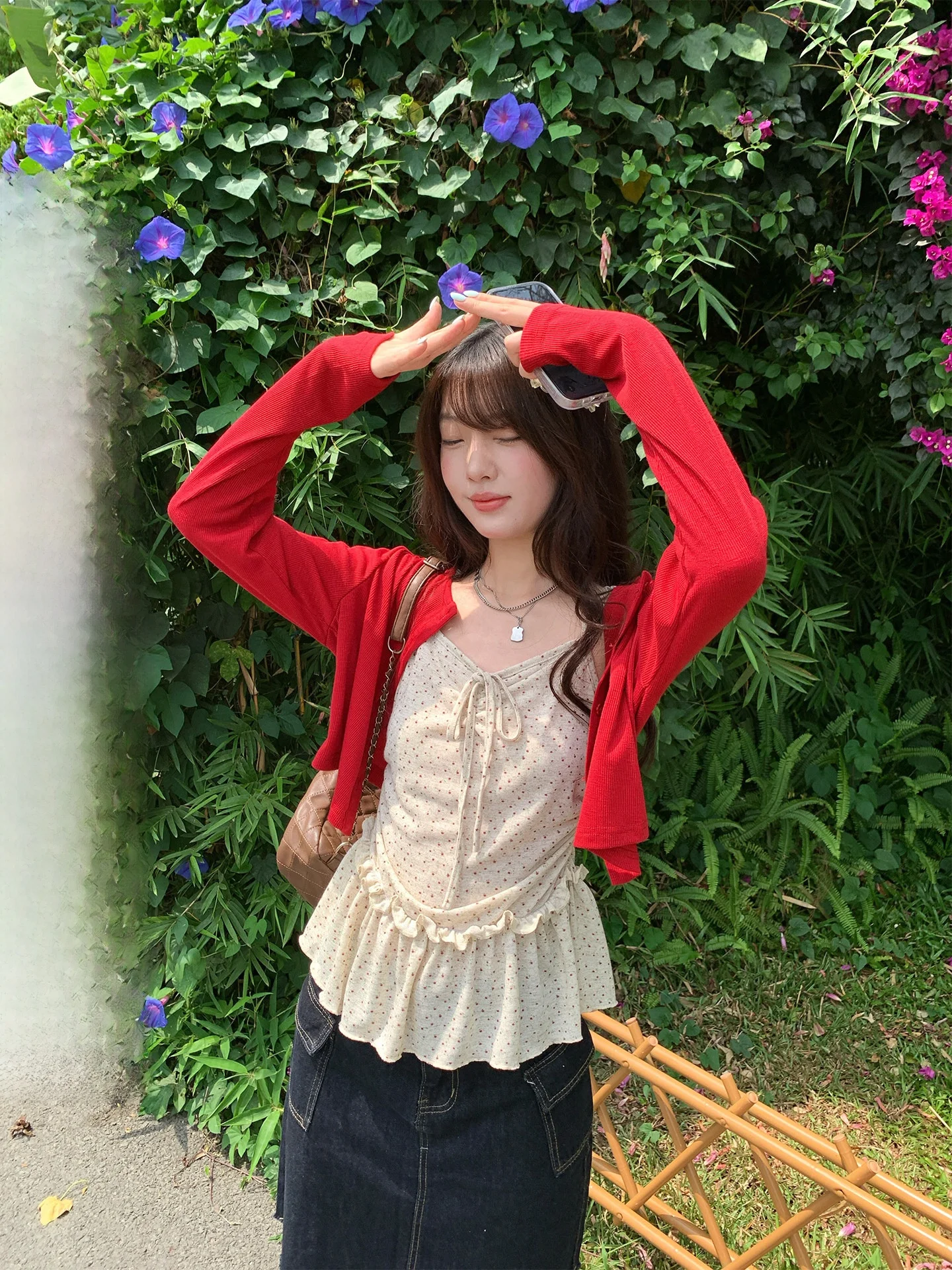 

Hollyii Korean Style Floral Print Polka Dot off Shoulder Pure Color Outerwear Cardigan Two Piece Set Women's Spring Summer Kn...