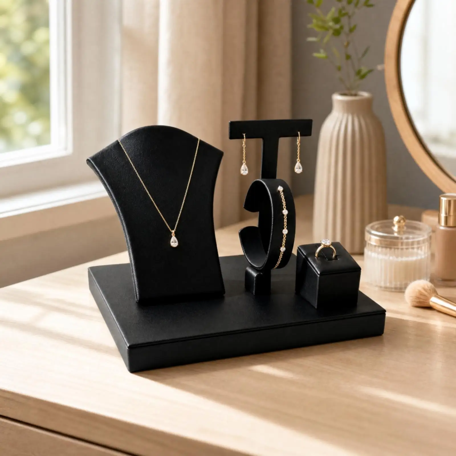 Jewelry Display Rack with Necklace Bust Freestanding Leather Jewelry Display Stand No Assembly Required Compact