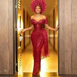 Pretty Dark Red Lace Evening Dresses African Tradition Wedding Bridal Dress Nigerian Wedding Second Reception Dress Asoebi Gowns