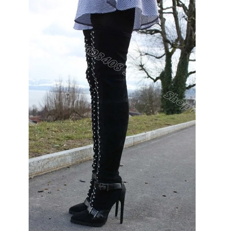 

Black Lace up Leather Stiletto Boots Buckle Decor British Style Fall Fashion Women Casual Over Knee Boots Zapatos Para Mujere