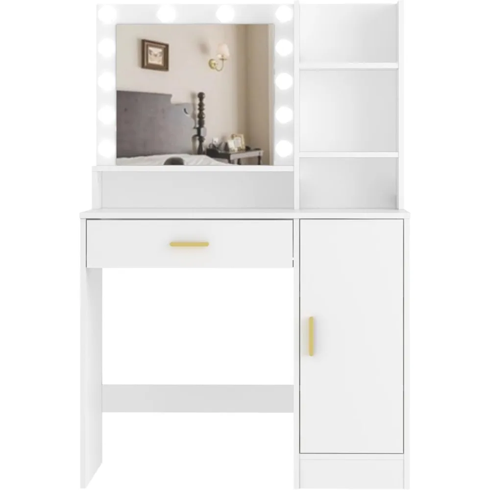 

Vanity Desk, Vanity Mirror with Lights and Table Set with 1 Big Drawers, 1 Cabinet & 4 Shelves Makeup Vanity Set 3 Lighting Mode
