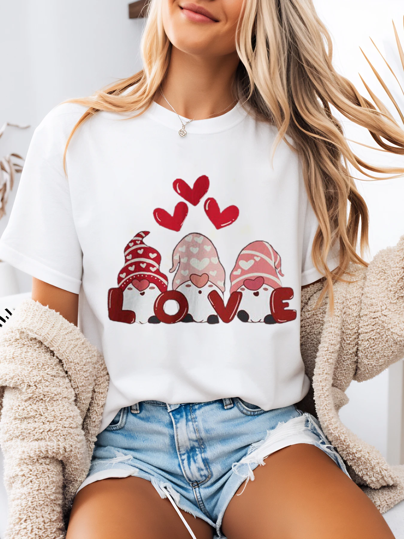 

Футболка с принтом Love Gnomes Hearts на День святого Валентина, женская повседневная одежда, белая, больших размеров