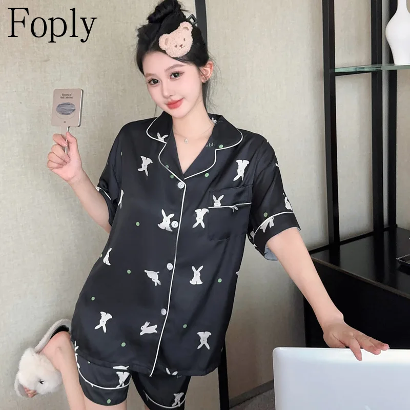 

Rabbit Print Women Pajamas Set Spring Summer 2 Piece Pyjama Satin Silk Sleepwear Shortsleeve Top Shorts Pijama Pjs Loungewear