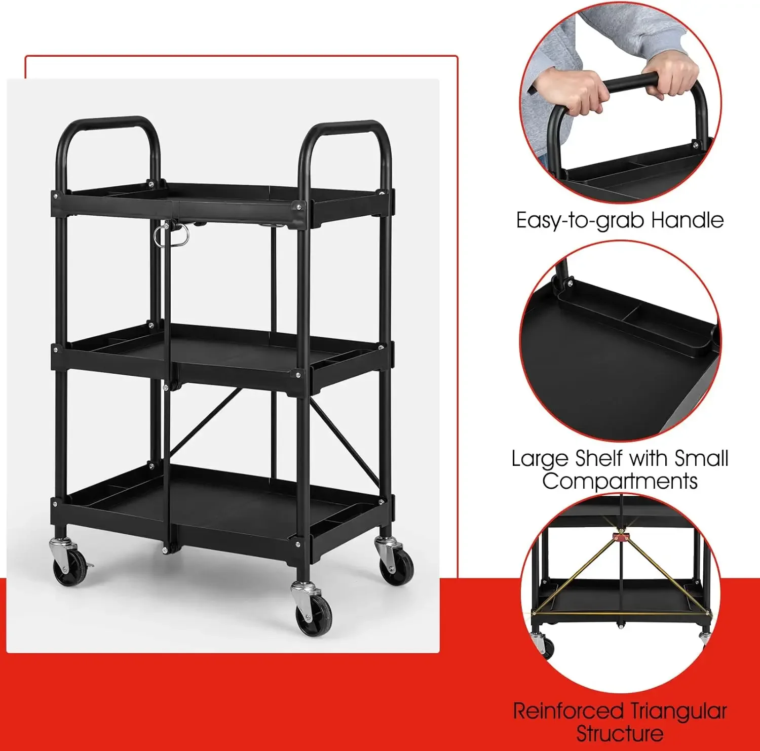 Collapsible Storage Tool Cart with Lockable Wheels & Handrails, Heavy-Duty Metal Frame Service Cart, Portable Rolling Cart for H