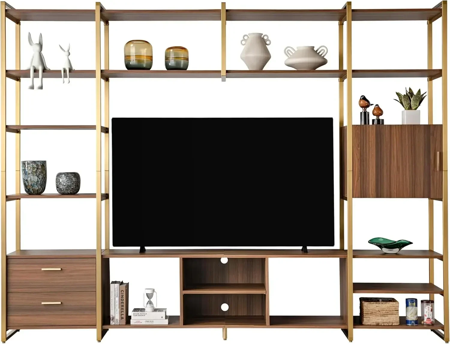 

Modern Media Console Tv Stand Storage Drawers Cabinet Bookshelves Brass Frame Walnut For Living Room