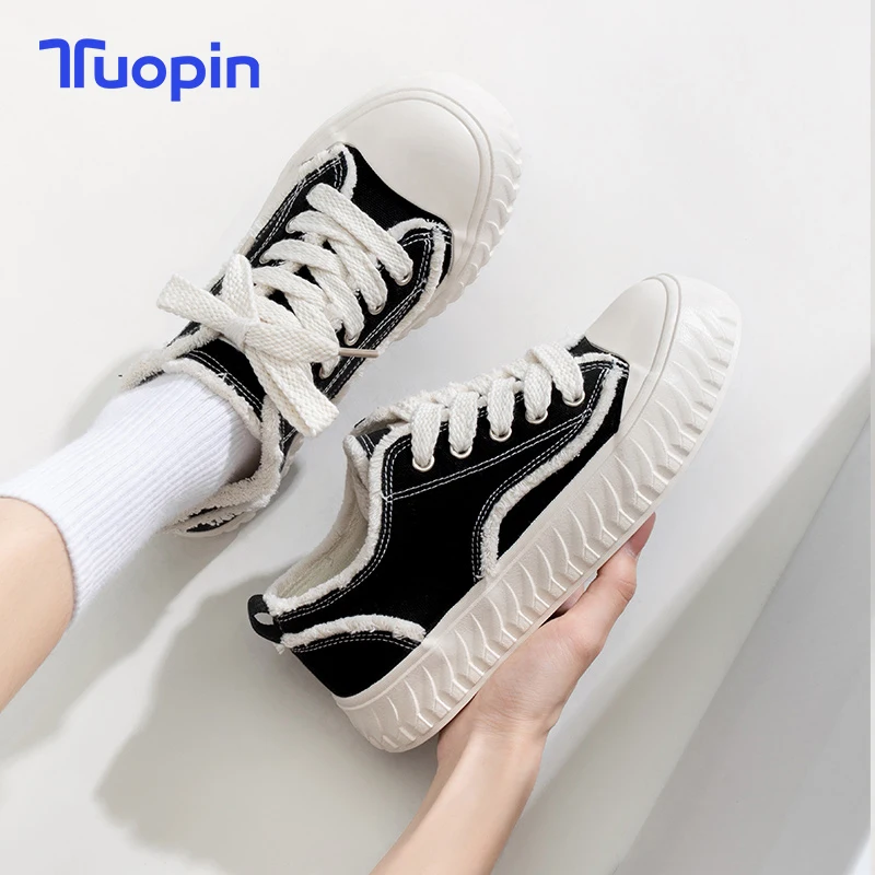 TuoPin Canvas Shoes Casual, All Rough Edge Cookie Shoes, Chunky Canvas Shoes