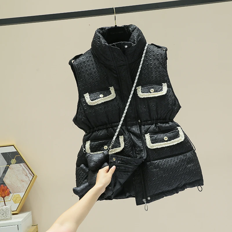 

Women Winter Vest Down Cotton Warm Leisure Loose Sleeveless Stand Collar Multi Pockets Show Thin Versatile Fashion Gilet