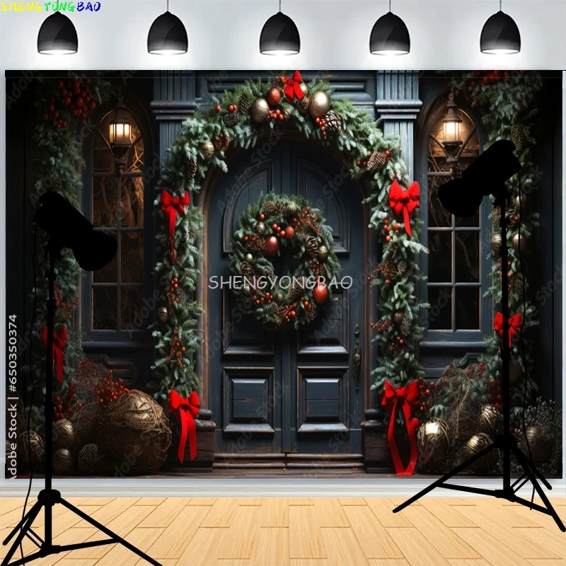 

Christmas Day Wreach Snowflake Photography Backdrops Fireplace Winter New Years Cottage Living Room Decoration Background CC-02