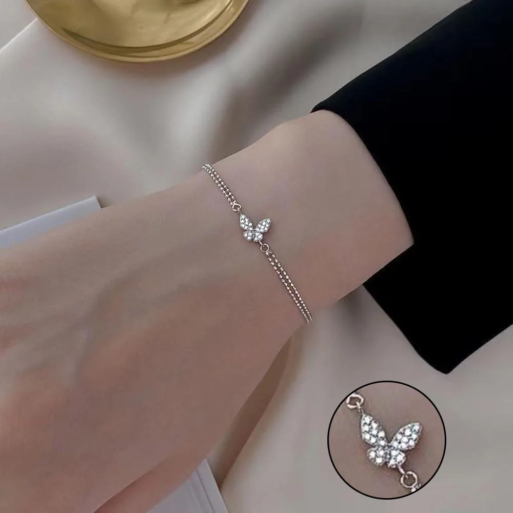 Sweet Shining Zircon Butterfly Bracelet For Women Anti-Allergic Silver Color Color Chain Bling Bracelet Jewelry Gift