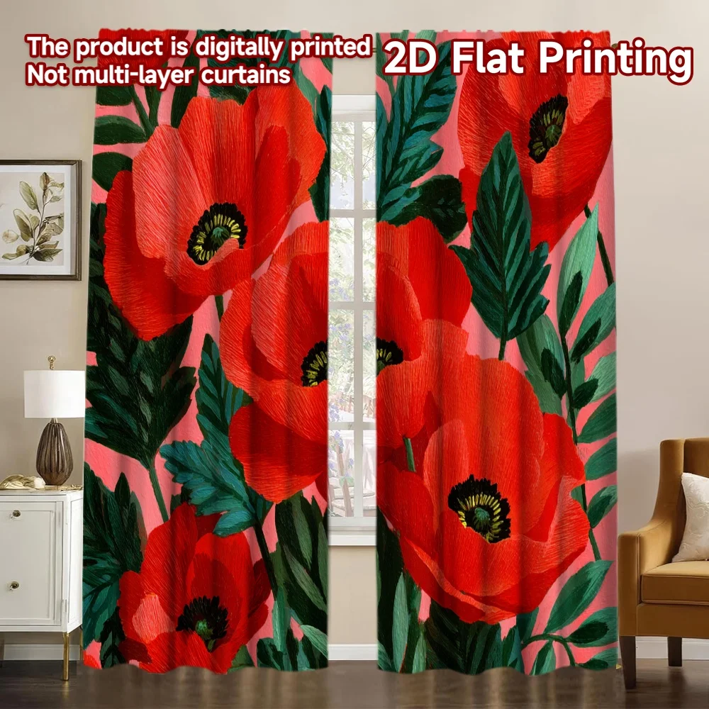 2D Flat Printing,2pcs Floral Red Poppies on Pink Chic Pattern Curtains Polyester Curtains Holiday Suitable for digital printing