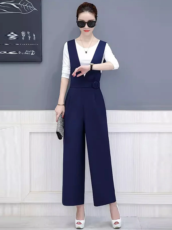 

Модный женский костюм-двойка с высокой талией и широкими брюками, весенне-осенний, новый, стройнящий, с длинными рукавами, из полиэстера