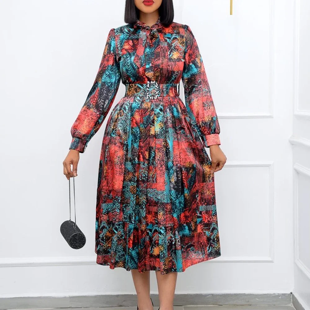 

Pop Elegant Vintage Style Women's Dress Long Sleeve With Bow Collar With Full Sleeve Belt Party Dinner Dress