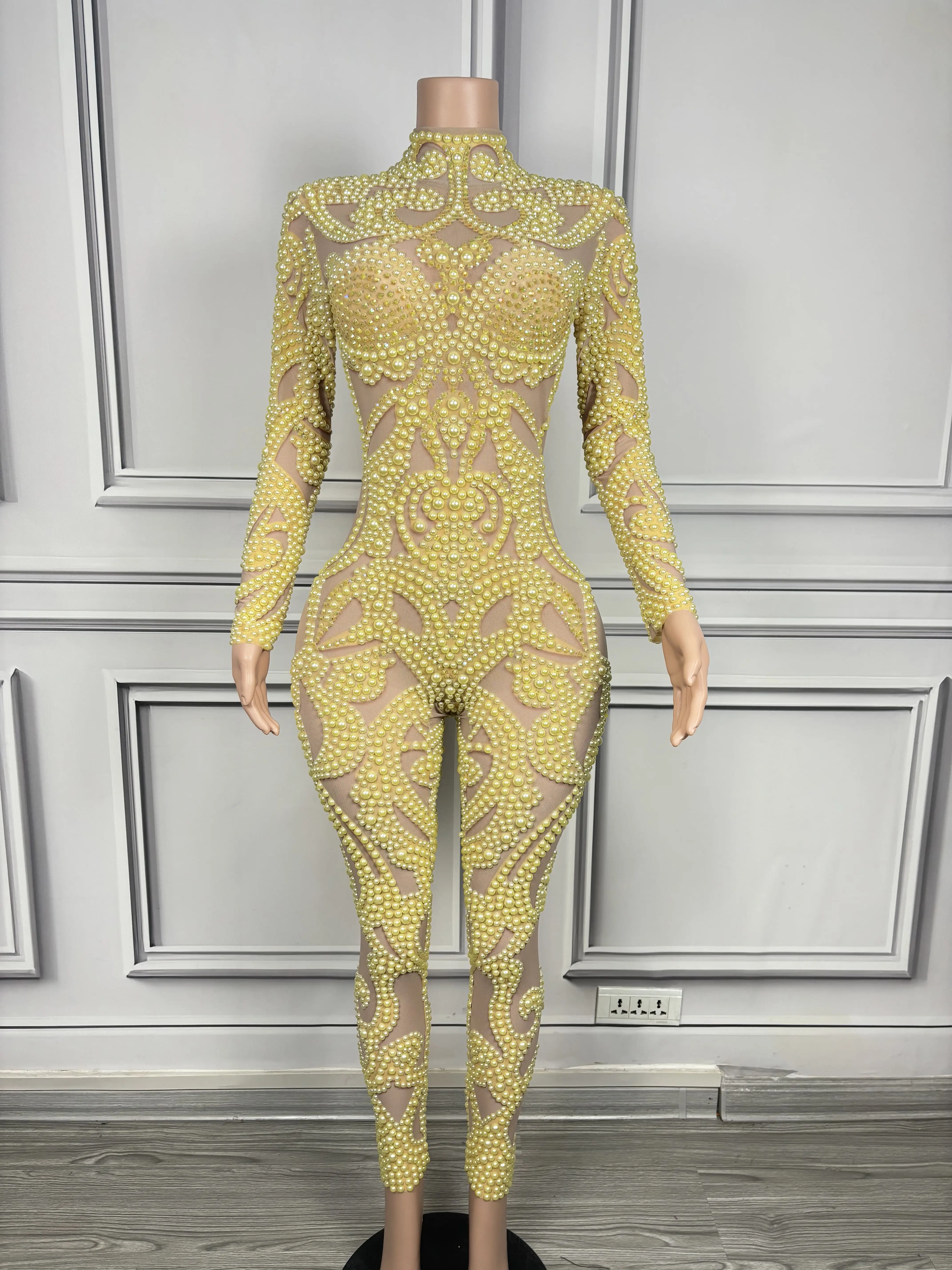 Yellow Jumpsuit Slim Wrap Evening Party dresses drag costume sexy festival show costumes  with stones Birthday Special Ocassion