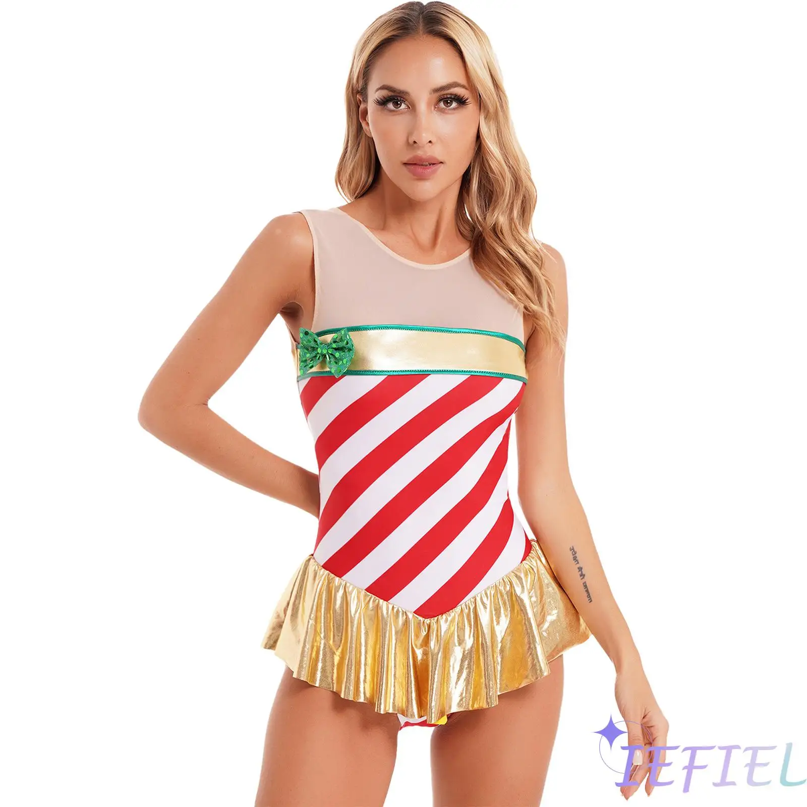 

Womens Christmas Ballet Dance Costume Sleeveless Mesh Patchwork Candy Cane Dress Skating Leotard Dresses for Xmas Holiday Party