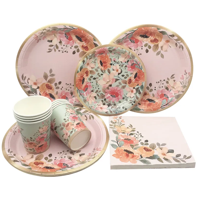 Floral Disposable Party Tableware Paper Plates Cups Napkins for Baby Shower Birthday Tea Party Wedding Table Decoration Supplies