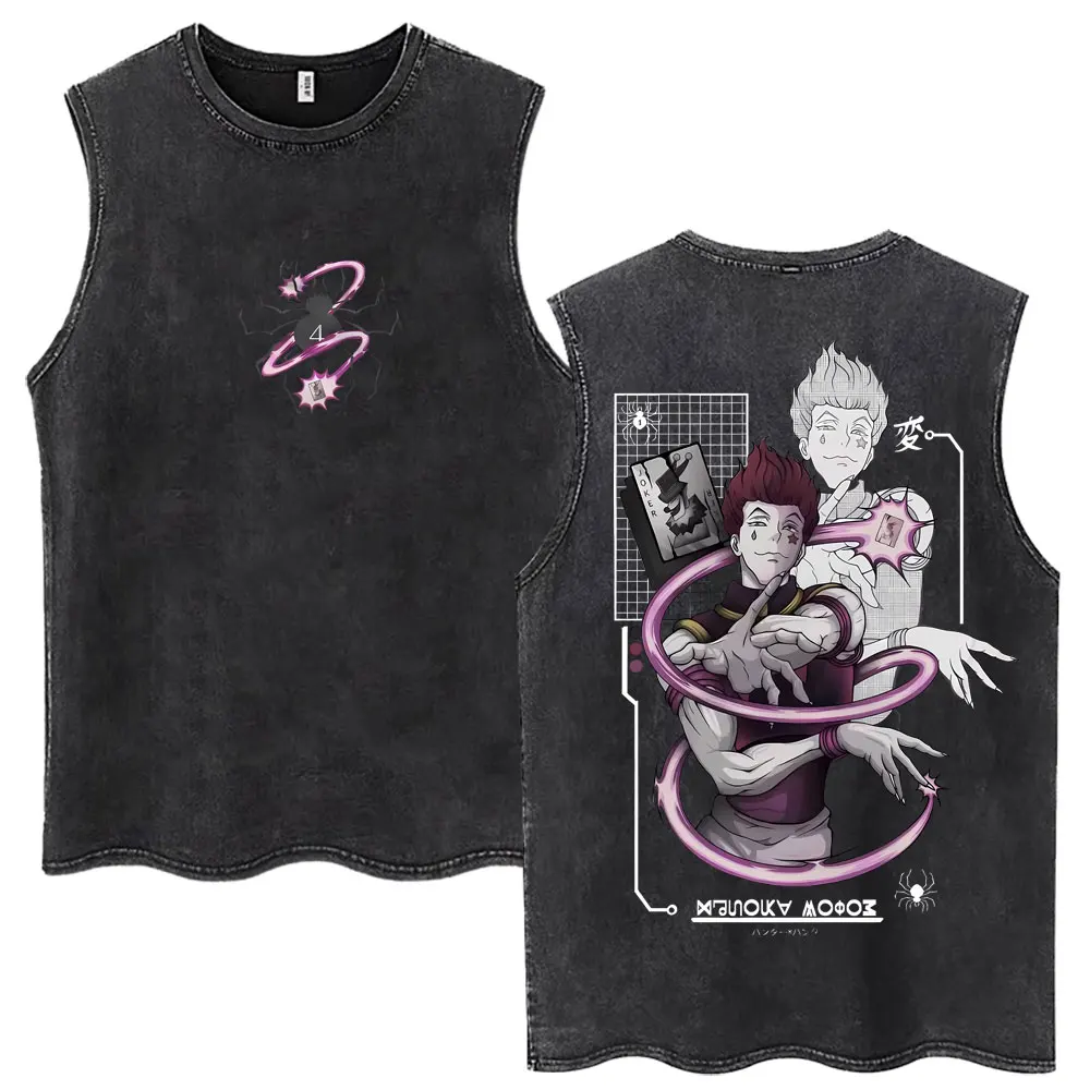 Vintage Washed Anime Hunter X Hunter Tank Tops Kite Phantom Troupe Hisoka Chrollo Sleeveless T-shirt Men Women 100% Cotton Vests view 2