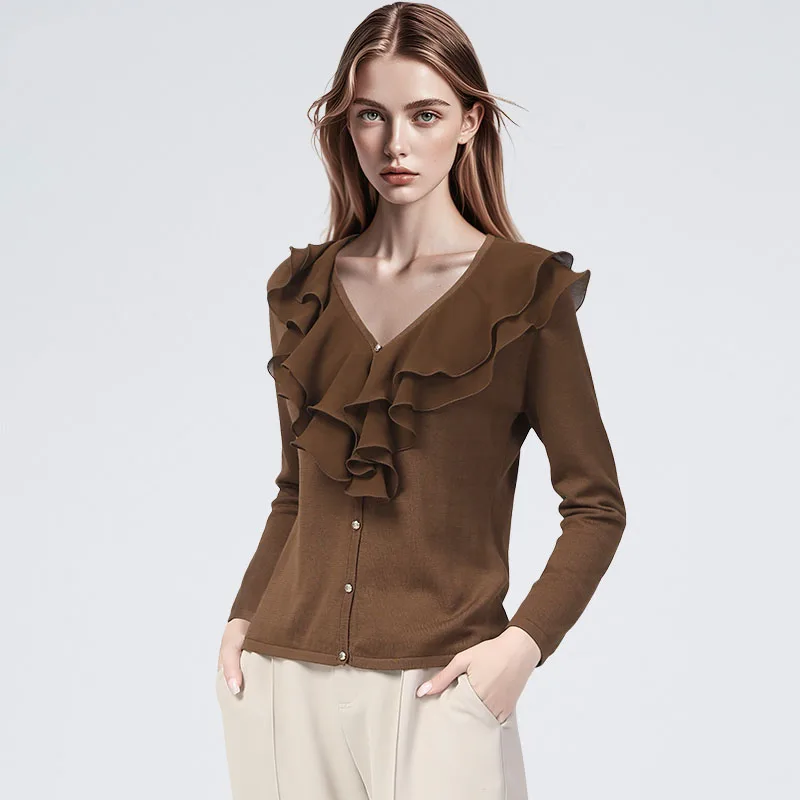 Womens Ruffles Ultra-thin Cardigan Sweater Long Sleeve V-Neck Stretchy Knitted Top Fashion Casual Cotton Sweaters