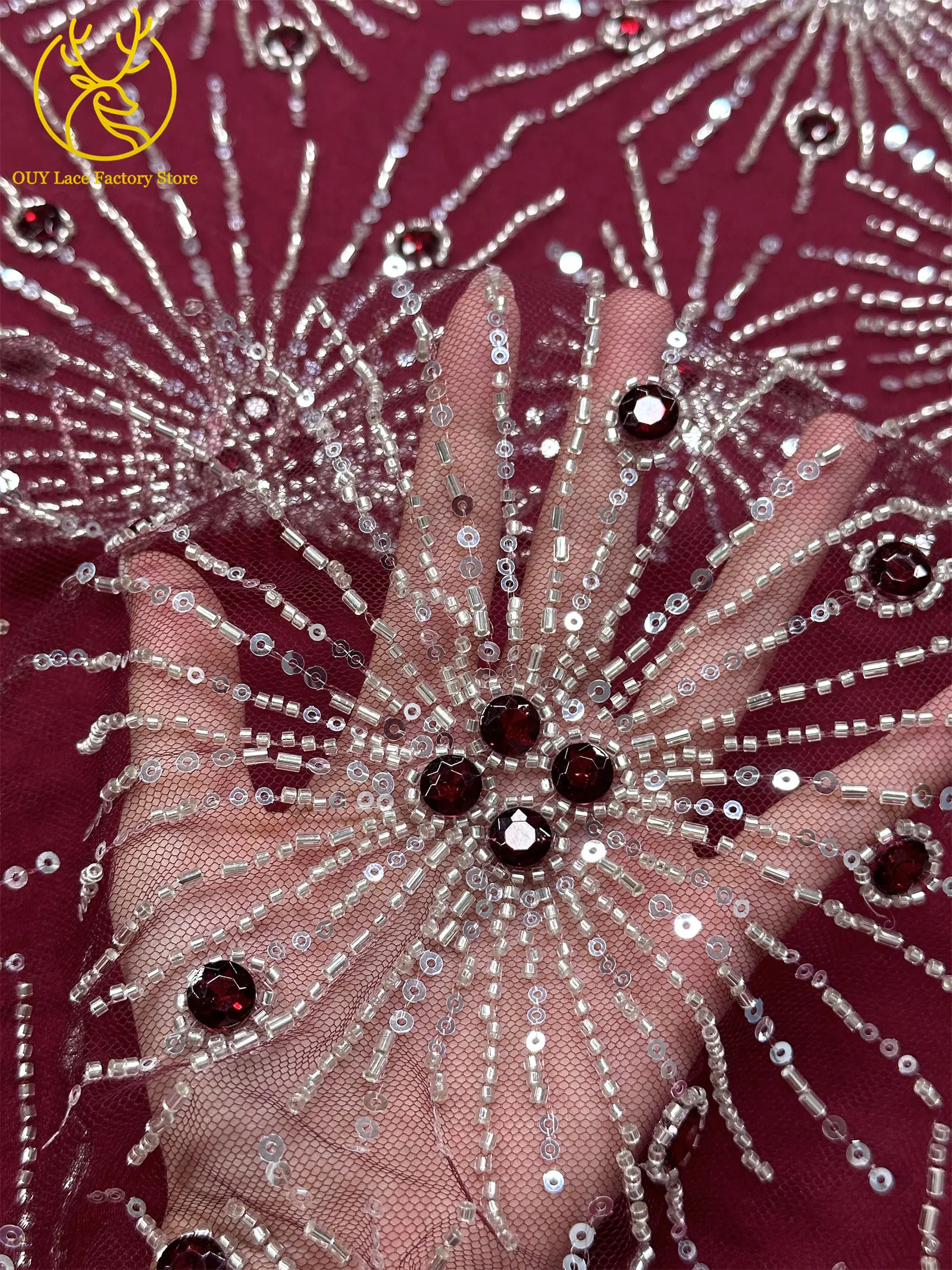Neues Design Französische Edelstein-Spitzenstoffe 5 Meter Nigerianische Perlen-Pailletten-Spitze Afrikanischer Spitzenstoff für Hochzeitskleider – Detail 6