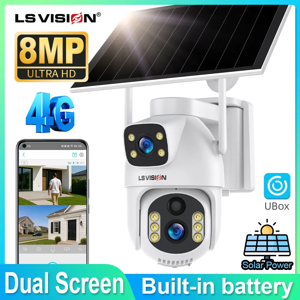 

Камера LS VISION 4G, солнечная камера с двумя объективами, PIR, обнаружение человека, ночное видение, водонепроницаемая, видеокамера безопасности, уличная камера, 8 МП, 4K, батарея, видеонаблюдение
