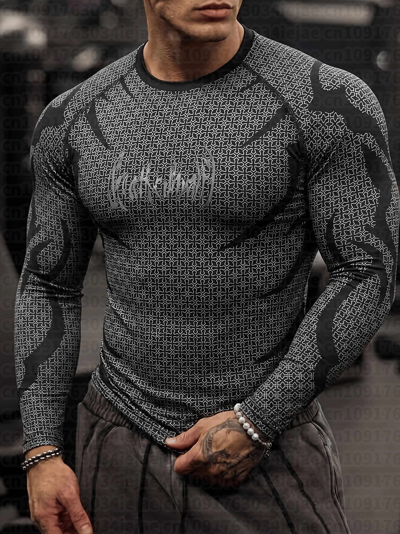 Herren Kinder Mock Neck Fitness Langarm-Oberteil Geometrische Textur Gezackter Gothic-Schriftzug Workout-Training Unterziehshirt – Detail 6