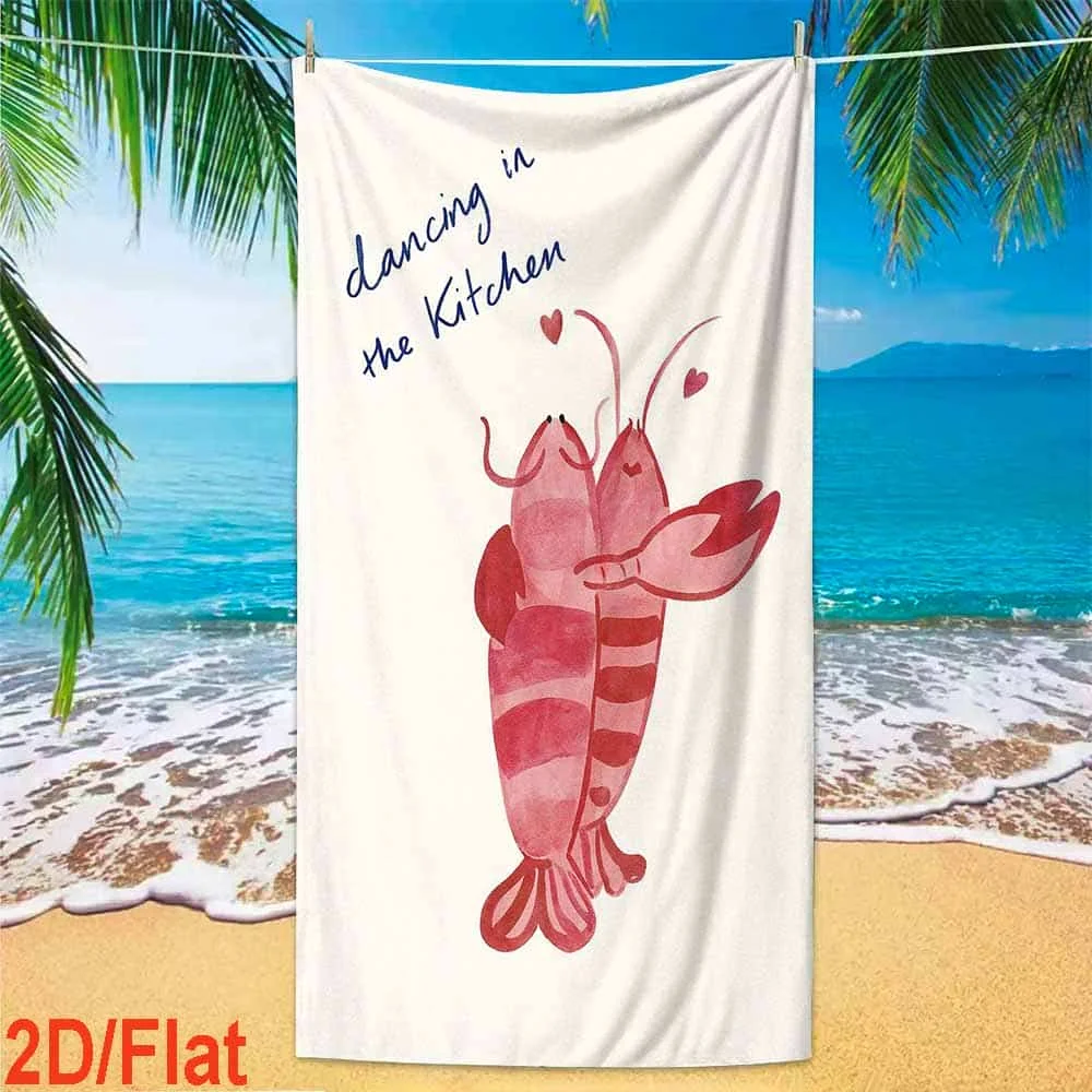 Cute Dancing Prawn Couple Lettering Beach Towel Quick Dry Microfiber Towel For Beach Pool Summer Holiday