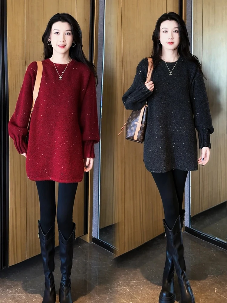 

Вязаный свитер с пайетками для женщин, свободный крой, зима 2025, новинка, большие размеры, скрывающий недостатки фигуры, с эффектом похудения, повседневная одежда