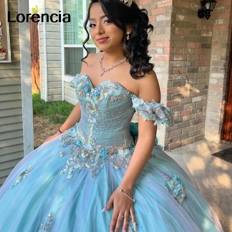 Customized Princess Blue Quinceanera Dress Ball Gown 3D Flower Applique Beaded Off Shoulder Sweet 16 Vestidos De 15 Años YQD716