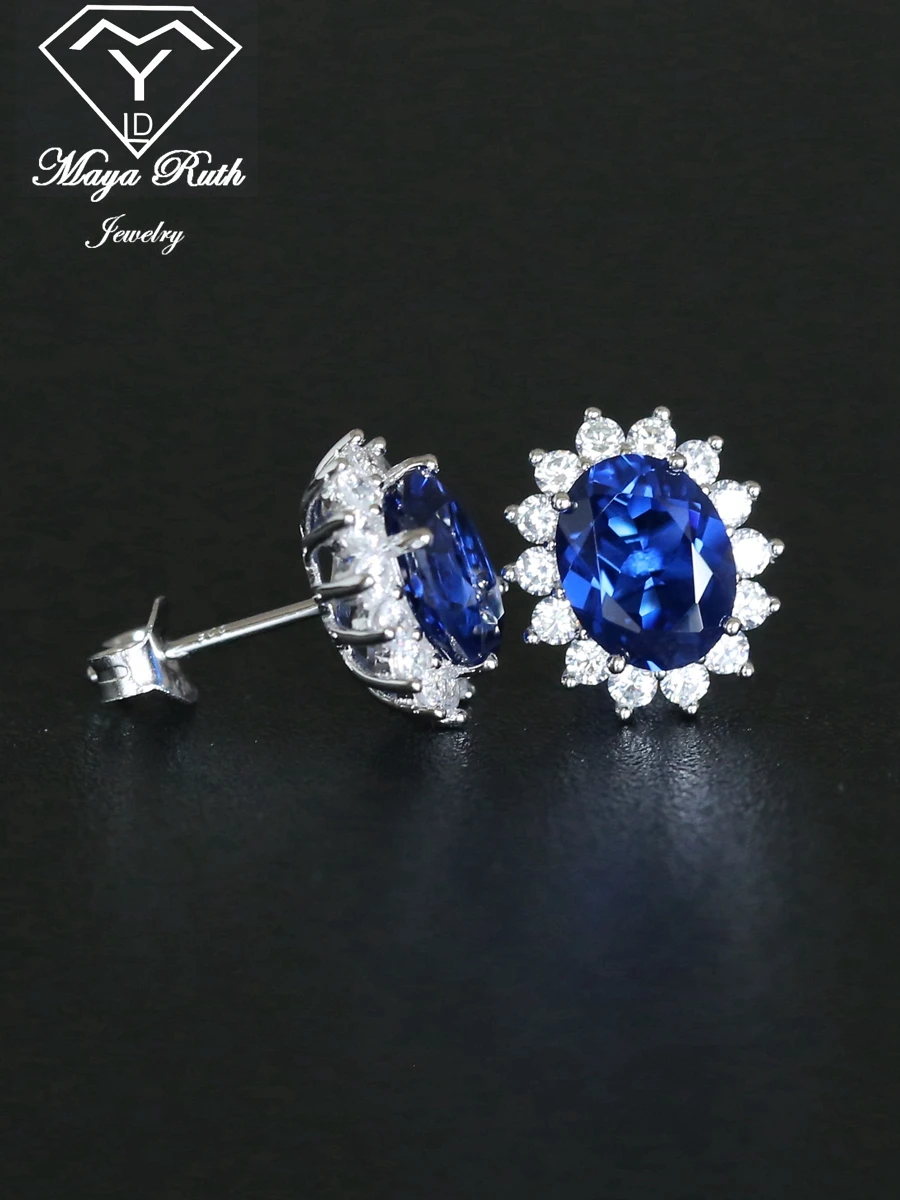 Creato Sapphire Halo Diana Princess orecchini da festa in vero argento Sterling 925 per le donne regalo femminile di forma ovale con pietre preziose