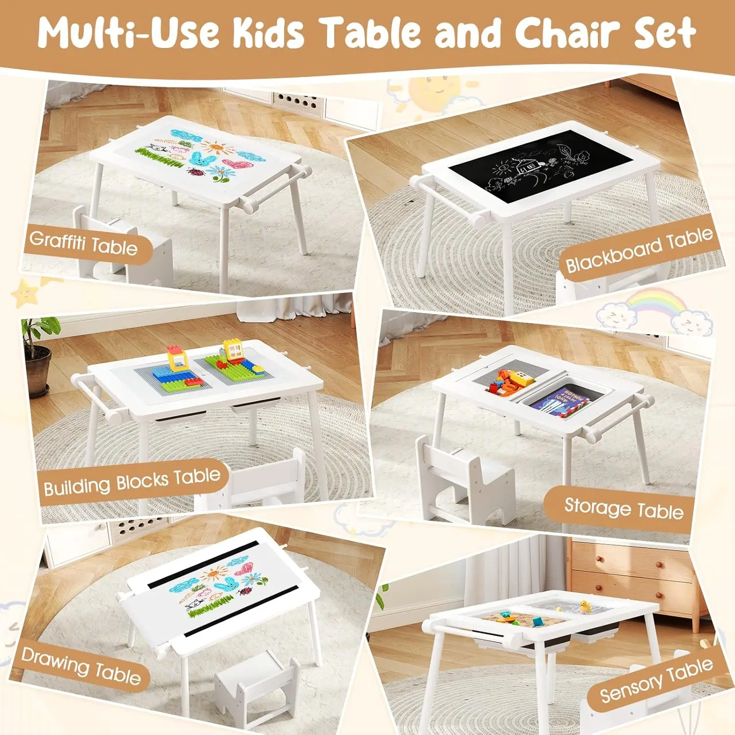 Kids Table and Chair, 6 in 1 Sensory Desk Set w/Storage Bins, White & Black Board, Building Blocks and Paper Roll for Drawing & Sand Water Playing, Toddler Table and Chair Set (White)